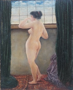 Manner of Frederick Goodall, oil on board, Nude woman at a window, indistinctly monogrammed possibly OF, 21 x 17cm. Condition - good